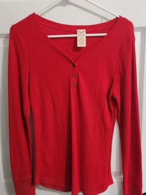 Faded Glory Red Ribbed Henley Long Sleeve Top